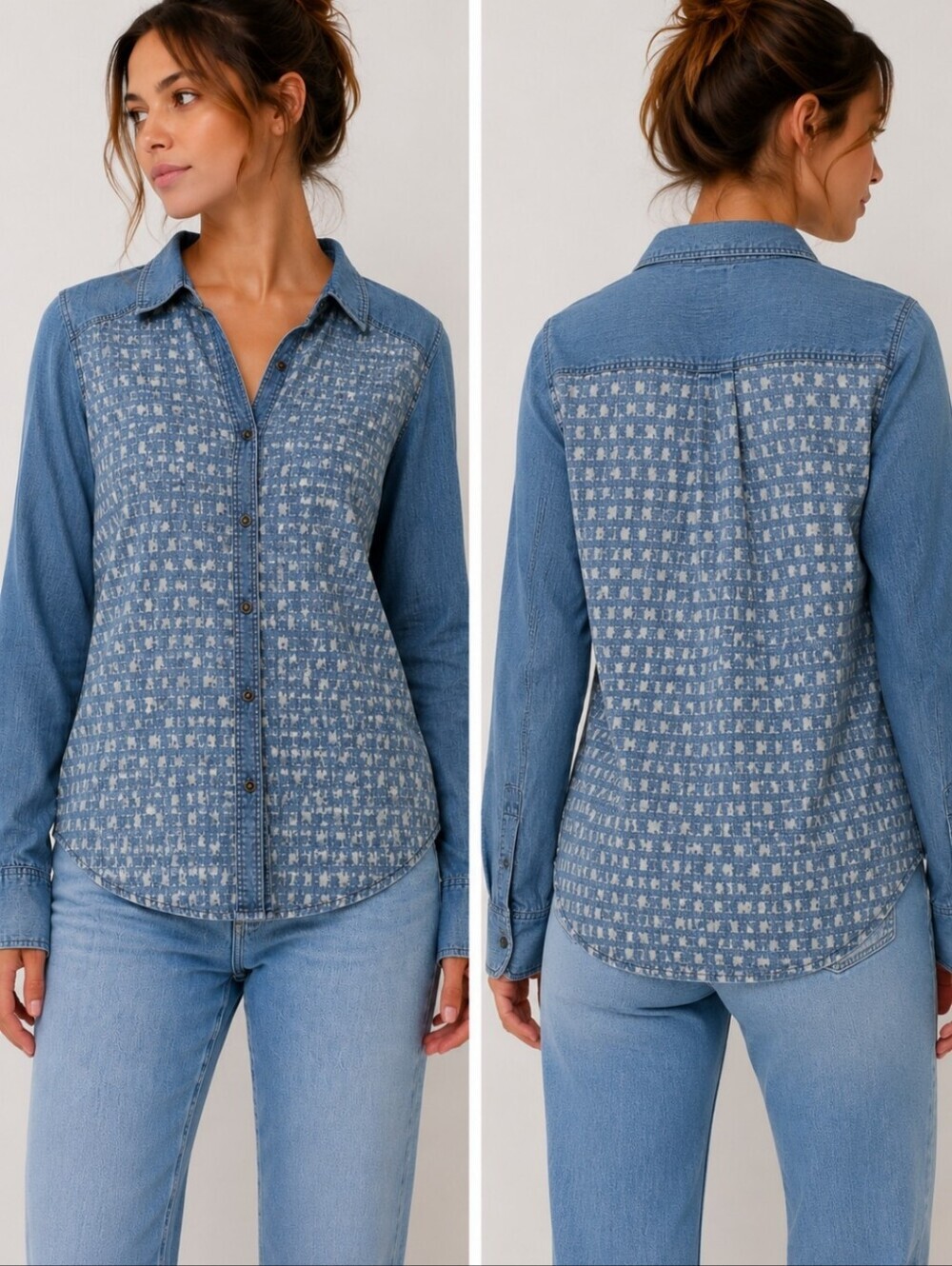 Cloth & Stone Lyocell Chambray Button Up Shirt Blue Print Size Large Boho